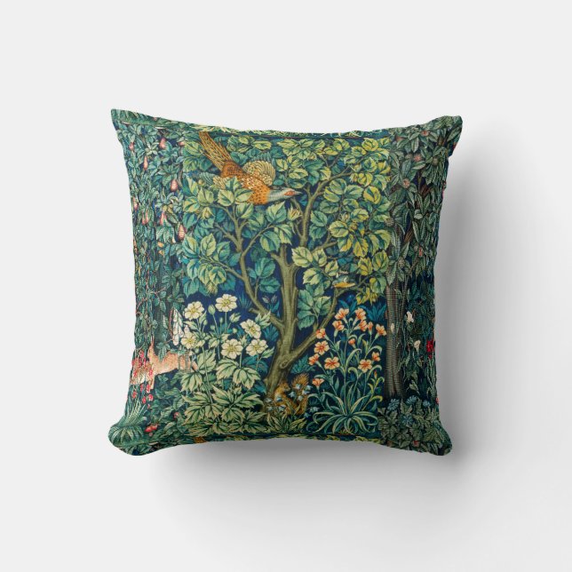 FOREST ANIMALS Hares,Pheasant Bird, Green Floral Cushion (Front)