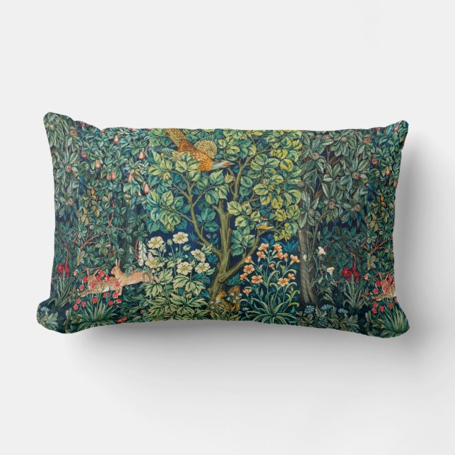 FOREST ANIMALS Hares,Pheasant Bird, Green Floral Lumbar Cushion (Front)