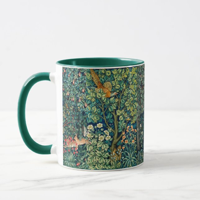 FOREST ANIMALS Hares,Pheasant Bird, Green Floral Mug (Left)