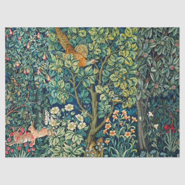 FOREST ANIMALS Hares,Pheasant Bird, Green Floral Tissue Paper (Front)