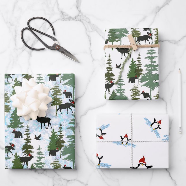 Forest Animals in Santa Hats Wrapping Paper Sheet (Front)