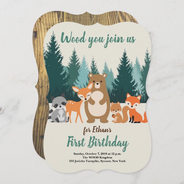 Forest Animals in the woods First Birthday Invitation (Front/Back)