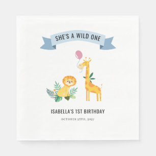 Forest Animals Lion Giraffe 1st Birthday Napkin