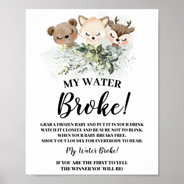 Forest Animals My Water Broke Baby Shower sign (Front)