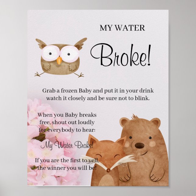 Forest Animals My Water Broke Shower game sign (Front)