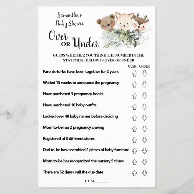 Forest Animals Over or Under Baby Shower Game card (Front)
