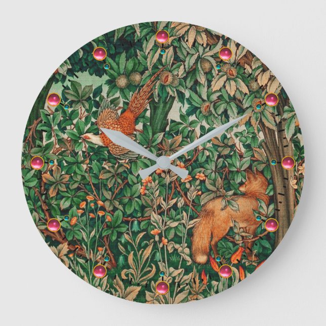 FOREST ANIMALS Pheasant Red Fox Green Floral Large Clock (Front)