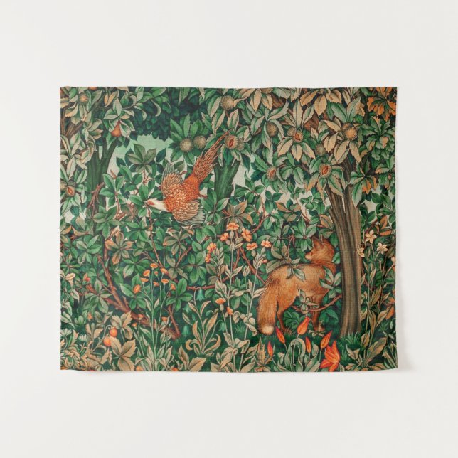 FOREST ANIMALS Pheasant Red Fox,Green Floral Tapestry (Front (Horizontal))