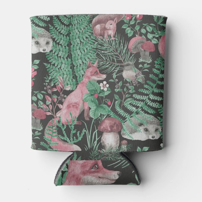 Forest animals, plants: hand-drawn seamless patter can cooler (Front)