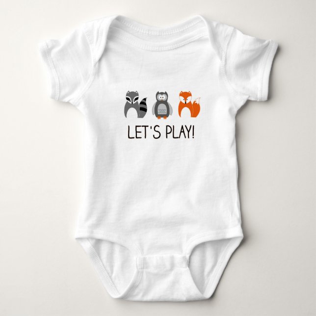 Forest Animals Racoon Fox Owl "Let's Play!" Baby Bodysuit (Front)