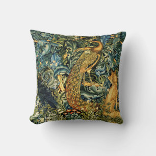 FOREST ANIMALS,RAVEN,FOX,PEACOCK Blue Green Floral Cushion