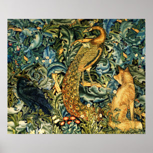 FOREST ANIMALS,RAVEN,FOX,PEACOCK Blue Green Floral Poster