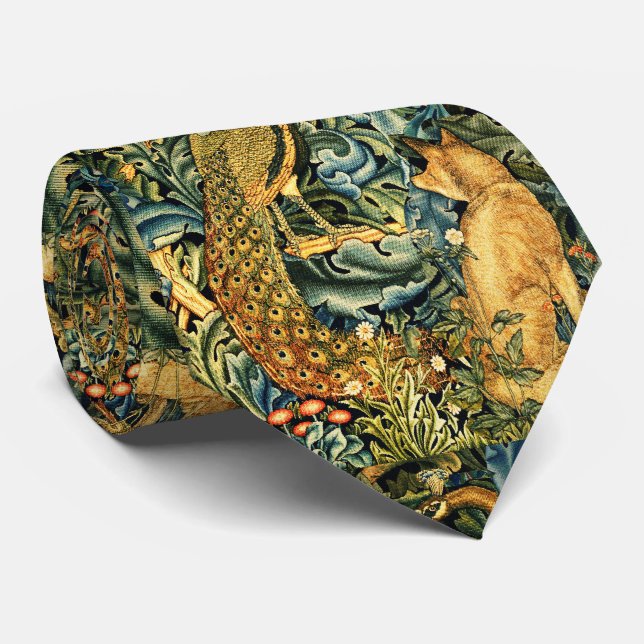 FOREST ANIMALS,RAVEN,FOX,PEACOCK Blue Green Floral Tie (Rolled)