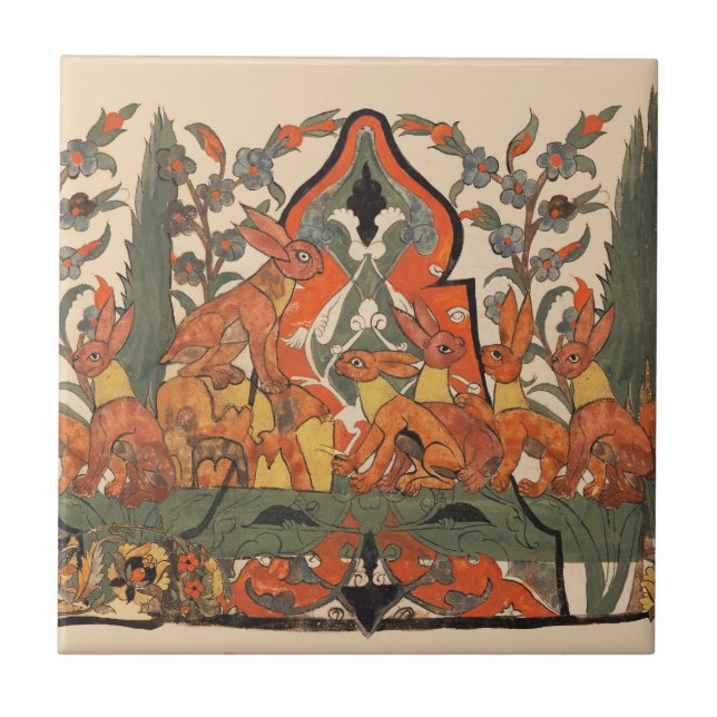 FOREST ANIMALS,RED RABBITS AMONG FLOWERS LEAVES CERAMIC TILE (Front)