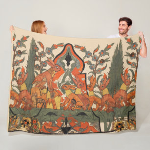 FOREST ANIMALS,RED RABBITS AMONG FLOWERS LEAVES FLEECE BLANKET