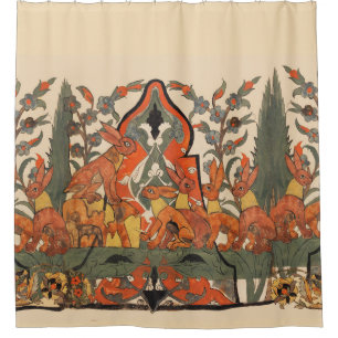 FOREST ANIMALS,RED RABBITS AMONG FLOWERS LEAVES SHOWER CURTAIN