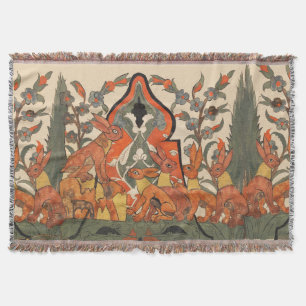 FOREST ANIMALS,RED RABBITS AMONG FLOWERS LEAVES THROW BLANKET