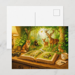 Forest animals rising from open book holiday postcard