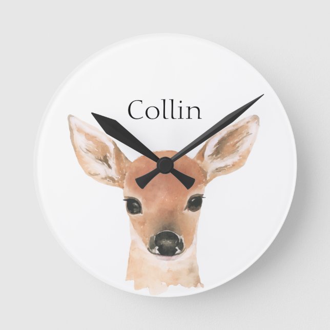 Forest Animals Watercolor Deer Name Nursery Round Clock (Front)