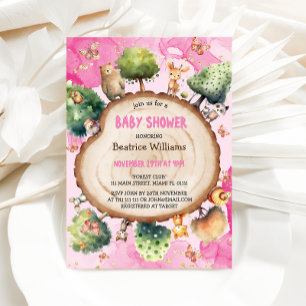 Forest Animals Watercolor Pink Baby girl Shower  Invitation