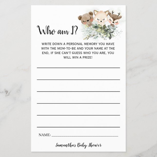 Forest Animals Who am I Baby Shower Game Card (Front)