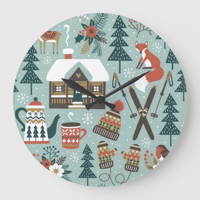 Forest Animals: Winter Vintage Seamless. Large Clock (Front)