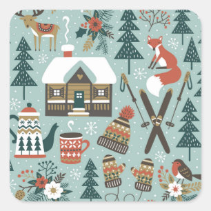 Forest Animals: Winter Vintage Seamless. Square Sticker