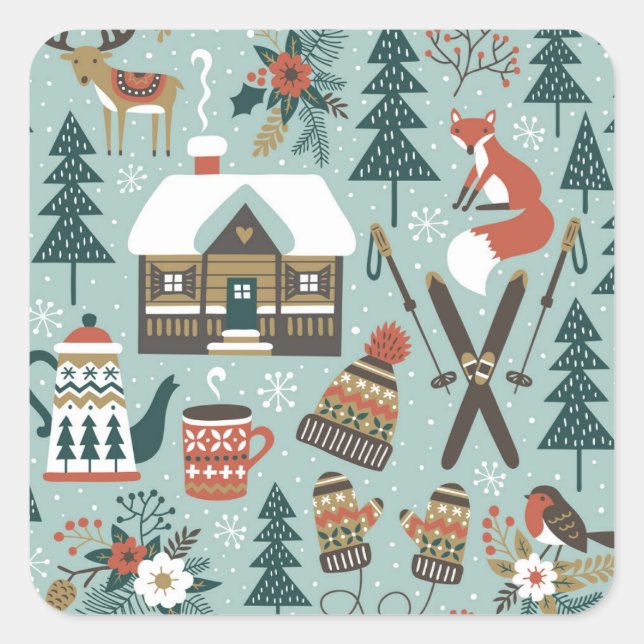 Forest Animals: Winter Vintage Seamless. Square Sticker (Front)
