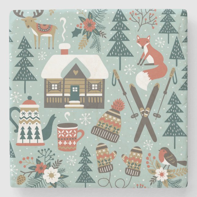 Forest Animals: Winter Vintage Seamless. Stone Coaster (Front)