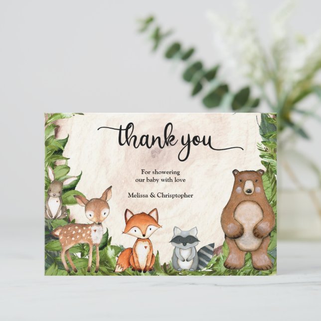 Forest animals wooden slice greenery thank you enclosure card (Standing Front)