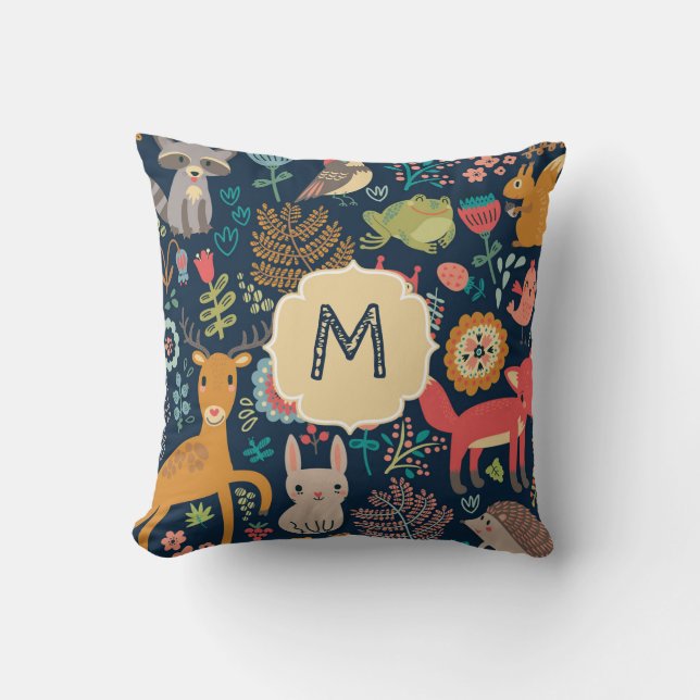 Forest Animals Woodland Navy Blue Monogram Cushion (Front)