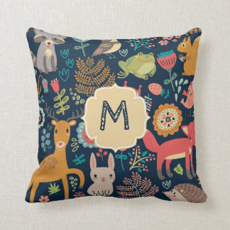Forest Animals Woodland Navy Blue Monogram Cushion