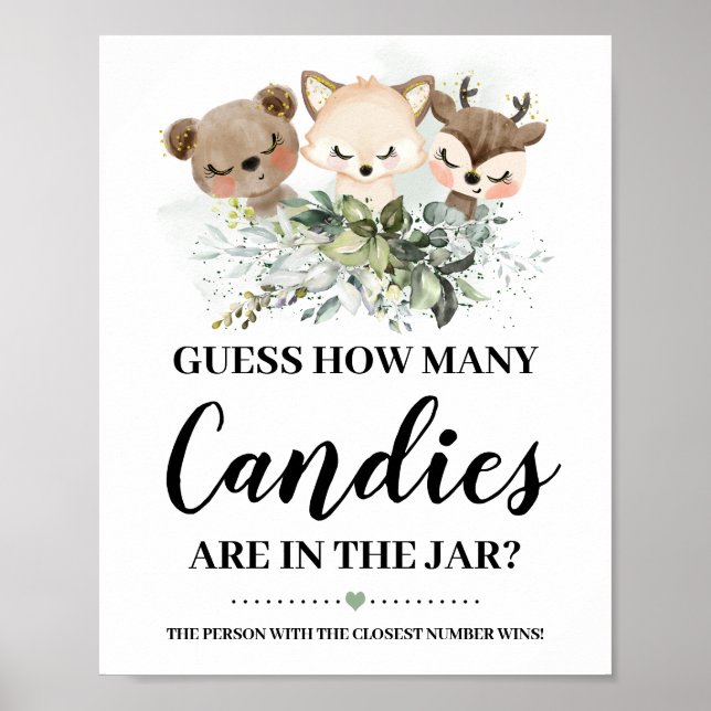 Forest Animas How many Candies Baby Shower Game Poster (Front)