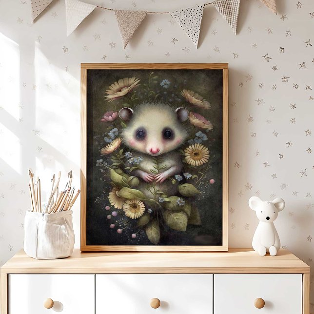 Forest Baby Possum Sunflower | Possum Wall Print (Woodland Possum Nursery Wall Decor | Wall Print by TinkPrints)