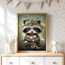 Forest Baby Racoon Flower | Racoon Wall Print