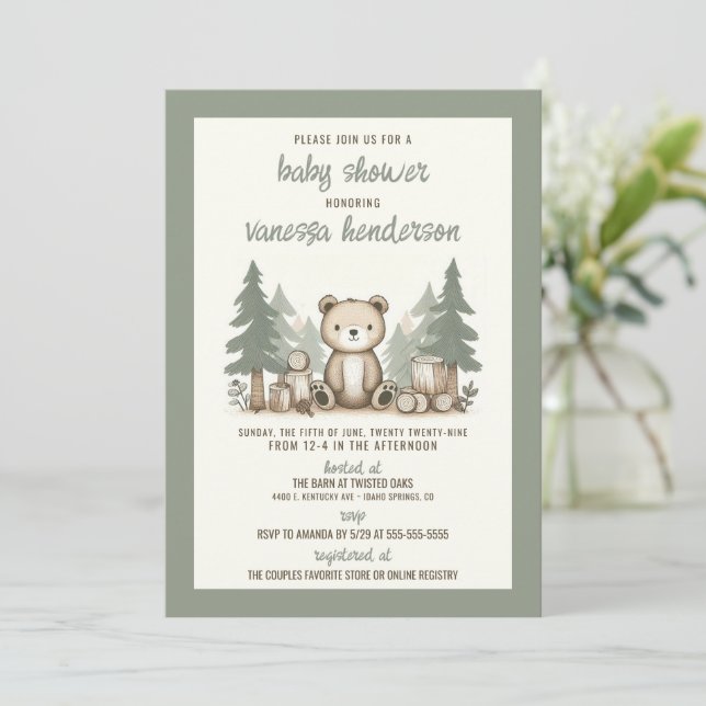Forest Bear Baby Shower Invitation (Standing Front)