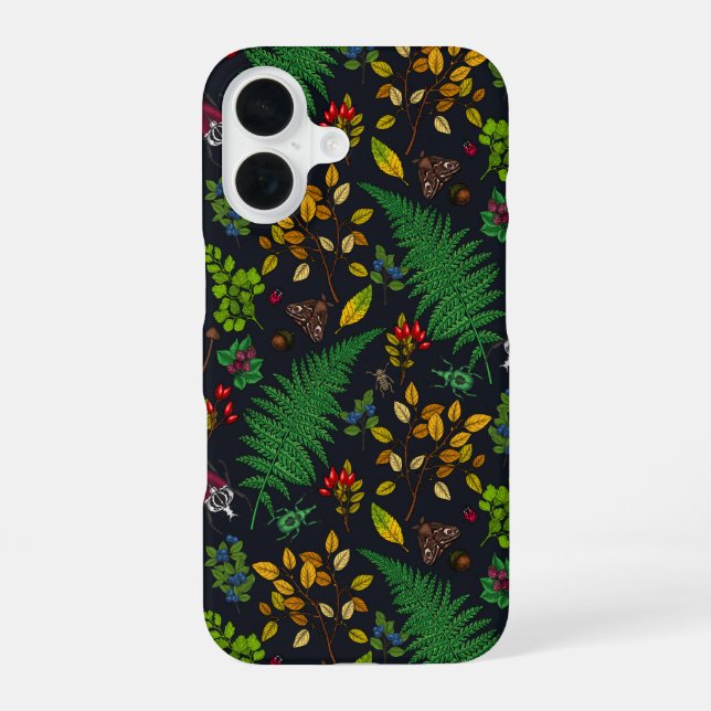 Forest berries, leaves and bugs on graphite black iPhone 16 case (Back)
