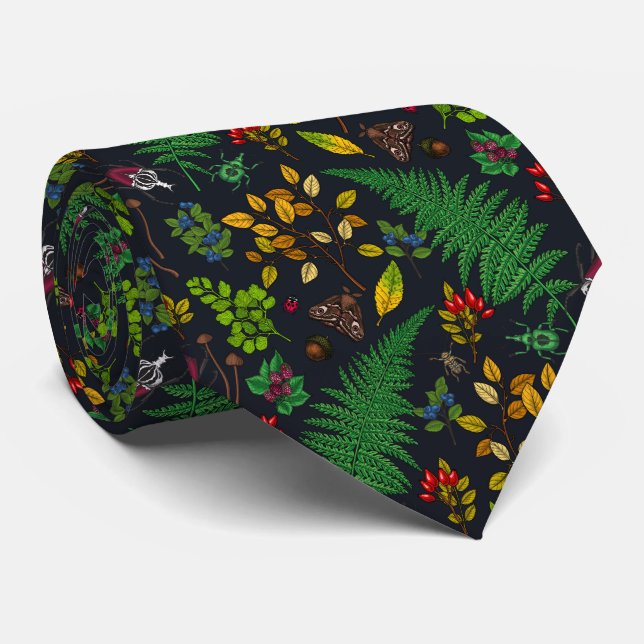 Forest berries, leaves and bugs on graphite black tie (Rolled)