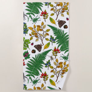Forest berries, leaves and bugs on white beach towel