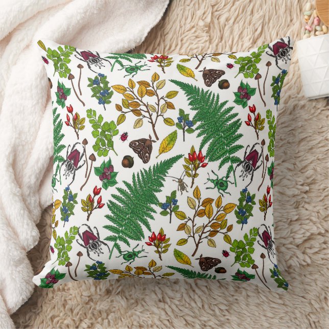 Forest berries, leaves and bugs on white cushion (Blanket)