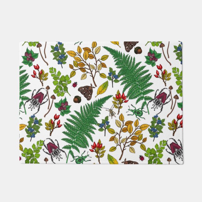 Forest berries, leaves and bugs on white doormat (Front)