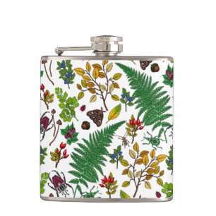 Forest berries, leaves and bugs on white hip flask