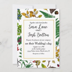 Forest berries, leaves and bugs on white invitation