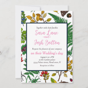 Forest berries, leaves and bugs on white invitation