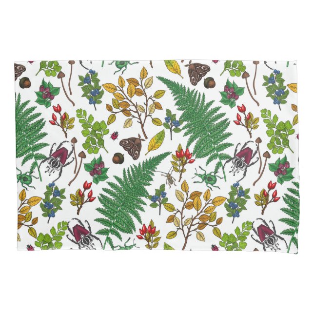 Forest berries, leaves and bugs on white pillowcase (Front-Left)