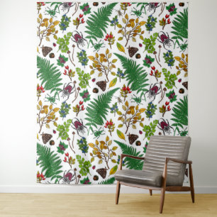 Forest berries, leaves and bugs on white tapestry