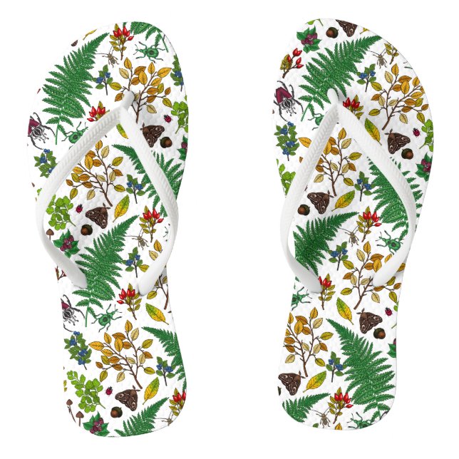 Forest berries, leaves and bugs on white thongs (Footbed)