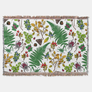 Forest berries, leaves and bugs on white throw blanket