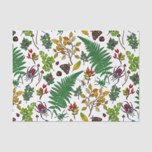 Forest berries, leaves and bugs on white tissue paper