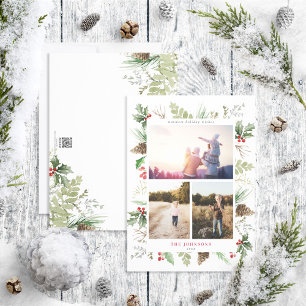 Forest Berry Pinecone Greenery 3 Photo Holiday Card